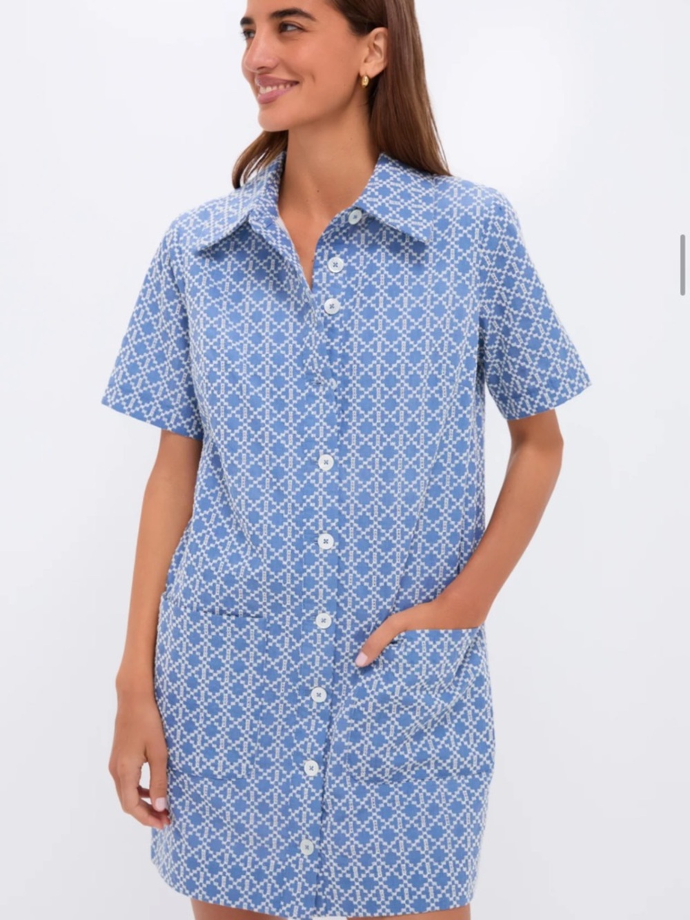 Pomander Place Blue and White Patterned Short-Sleeve Shirt Dress